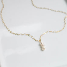 Load image into Gallery viewer, Gold Pearl Necklace. Paper clip gold filled chain with 3 pearl drop. Little Hawk Jewelry
