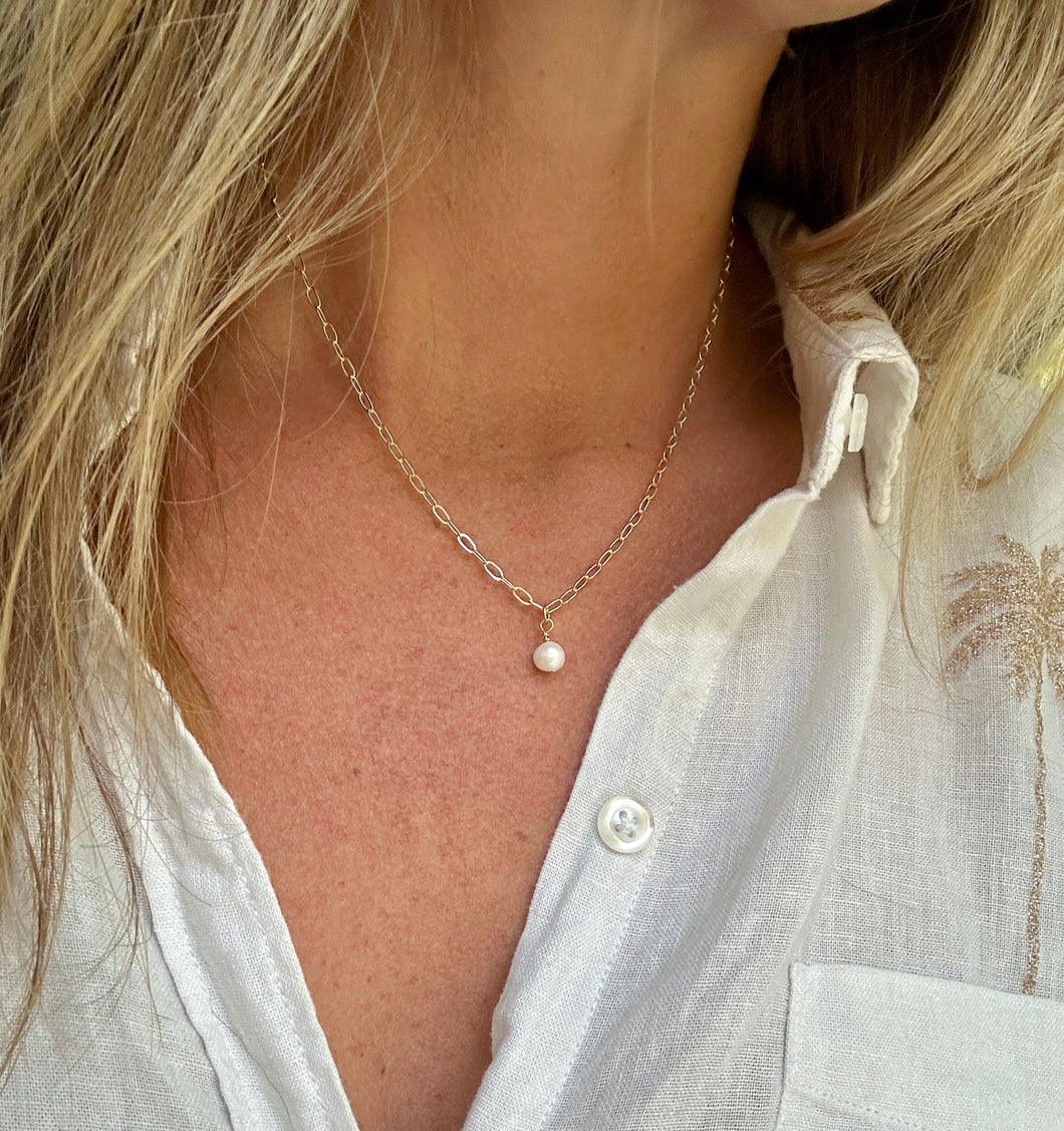 Pearl Drop Necklace: Gold Paperclip chain necklace