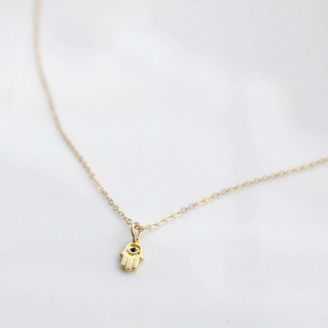 Hamsa Necklace Gold and blue crystal |  Little Hawk Jewelry